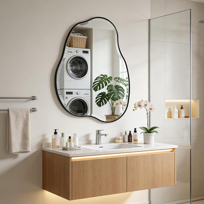 POZINO Irregular Beveled Wall Mirror, 36" x 24" Asymmetrical Vanity Mirror with Metal Frame, Organic Cloud Shaped Mirror for Bathroom Entryway Living Room Bedroom, Horizontal or Vertical Hanging
