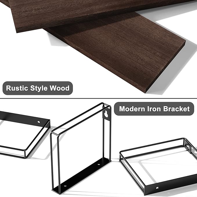 SRIWATANA Rustic Floating Shelves Wall Mount Set of 3, Hanging Wall Shelves, 17 Inch Natural Wood Shelves for Decor, Bedroom, Bathroom, Laundry Room, Living Room, Kitchen, Office - Dark Walnut
