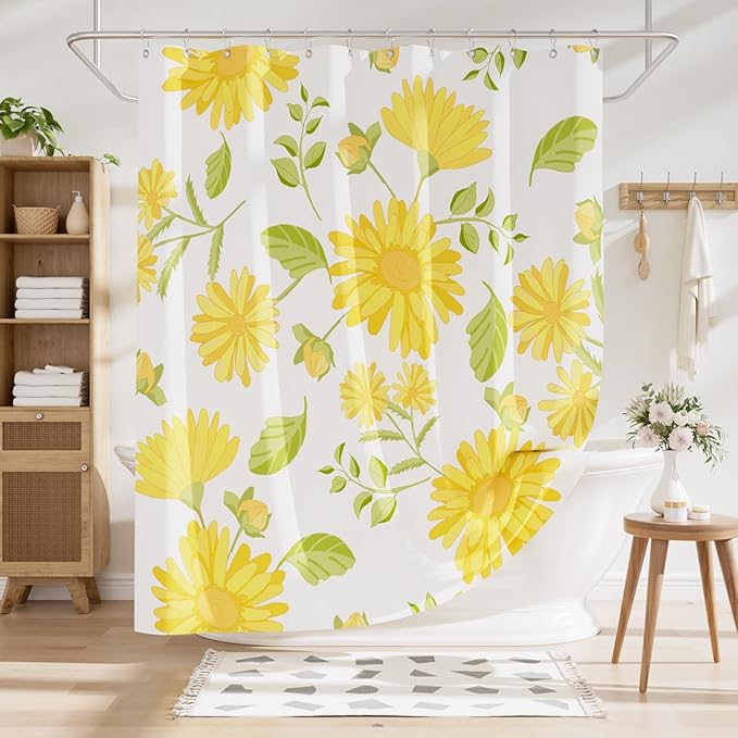 AmazerBath Floral Shower Curtain, Washable Cloth Shower Curtain Sets with 12 Shower Curtain Hooks, Fabric Rustic Yellow Gerbera Flower Eucalyptus Fall Shower Curtains for Bathroom Decor, 72x72 Inches
