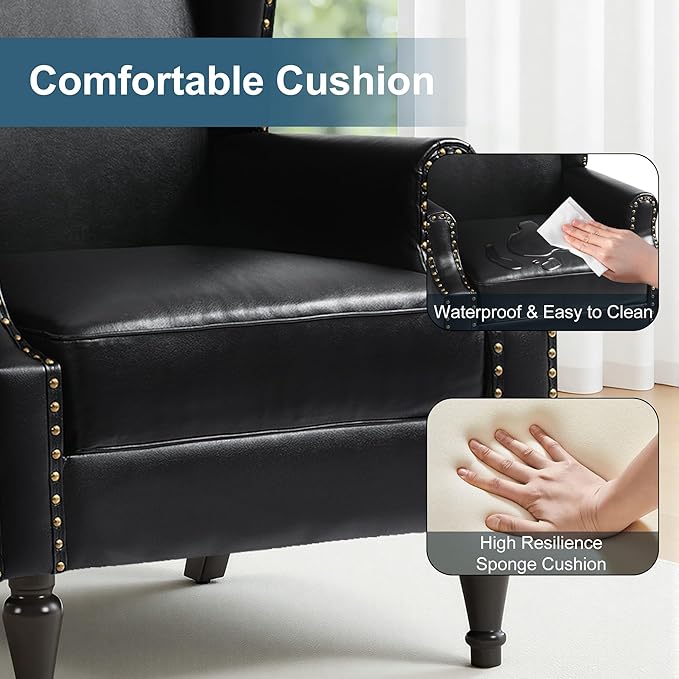 Faux Leather Wingback Chairs Set of 2, High Back Accent Chair, Comfy Upholstered Armchair with Nailhead Trim for Living Room, Single Sofa Reading Chair for Small Spaces, Bedroom-P Black