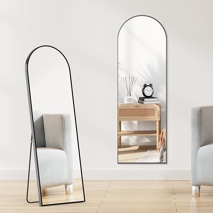 OLIXIS Arched Full Length Mirror for Bedroom, 58"x19" Full Body Mirror with Stand, Hanging or Leaning for Wall, Aluminum Alloy Thin Frame Floor Standing for Living Room, Long, Black