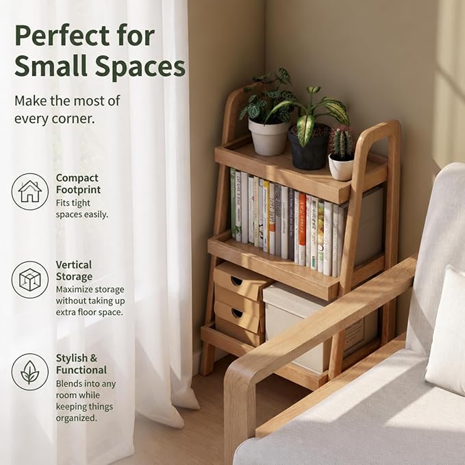 100% Solid Oak 3 Tier Ladder Shelf, Small Bookshelf, Ladder Bookshelf, Bookcase with Stable Frame, Small Table for Living Room Bedroom(Natural, 12.6" L x 17.72" W x 31.5" H)
