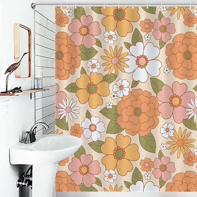 70s Shower Curtain for Bathroom,Rustic Hippie 70s Daisy Floral Flower Cute Funky Trippy Groovy Vintage Boho Waterproof Fabric Shower Curtain Set with Hooks, 72"x72"