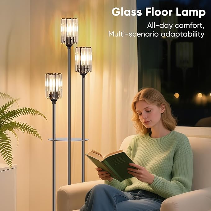 Crystal Floor Lamp for Living Room with Shelves, Industrial Modern Standing Black Lamp with Table for Bedroom, Glass Vintage Unique Tall 3-Lights Fancy Lamp with ON/Off Foot Switch Gold