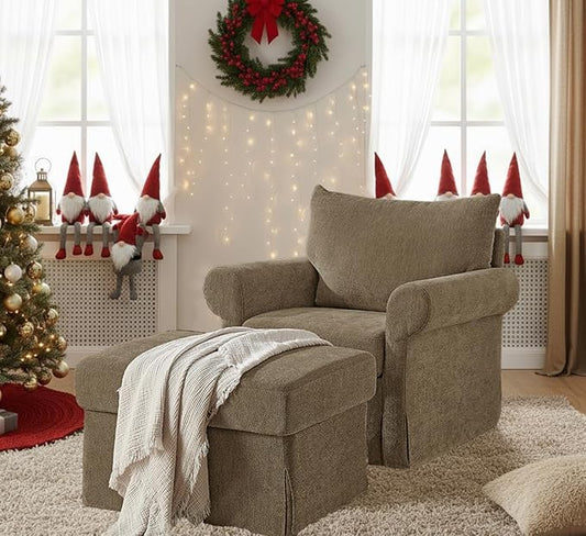35.8" Chenille Accent Chair with Ottoman Set, Comfy Upholstered Armchair with Rolled Arms, Modern Single Reading Chair for Living Room, Bedroom, Apartment, Brown