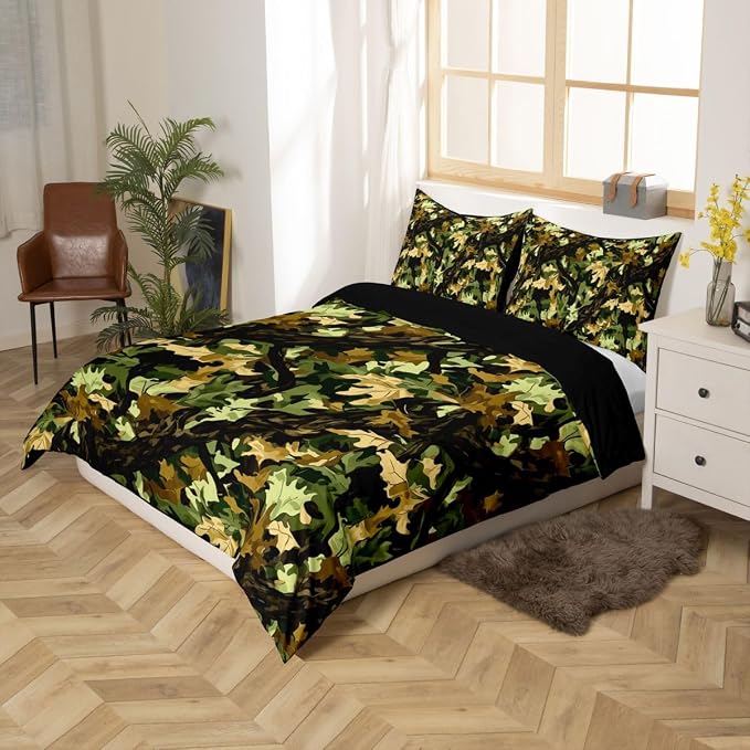 Natural Green Duvet Cover Set Rustic Western Camo Tree Twin Bedding Sets for Girls for Tween Boys Girls | Botanical Leaf Plant Comforter Cover Hunting Farmhouse Bed Set, Room Decor Aesthetic
