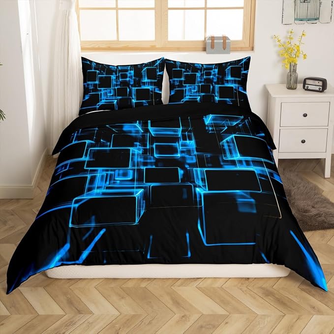 Erosebridal Blue and Black Kids Bedding Set, Modern Geometric Square Duvet Cover for Boys Girls Gradient Neon Light Honeycomb Bed Cover Abstract Bed Set King 3 Pieces