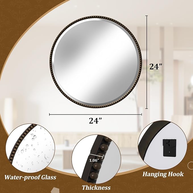 24 Inch Round Bathroom Mirror - Luxurious Retro Beaded Circle Decorative Wall Mirror with PU Frame Hanging Leaning as Art Decor for Entryway, Bedroom, Living Room, Hallway, Bronze