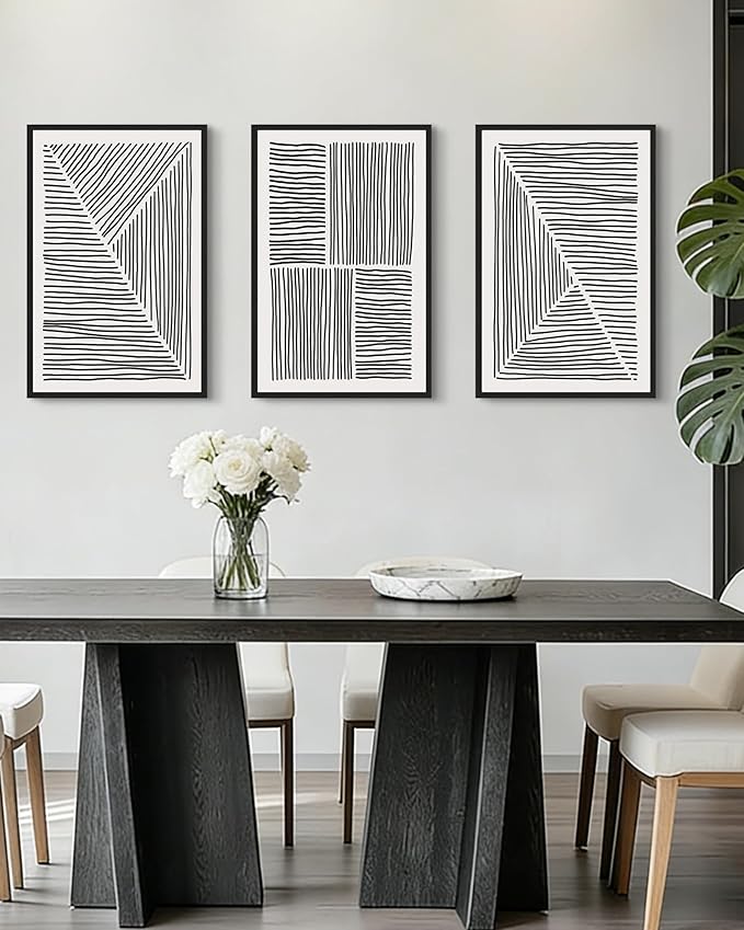 Drsoum Mid-Century Modern Framed Wall Art Large 16x24in Minimalist Abstract Boho Black Line Wall Decor Geometric Artwork Kitchen Dining Room Black Framed