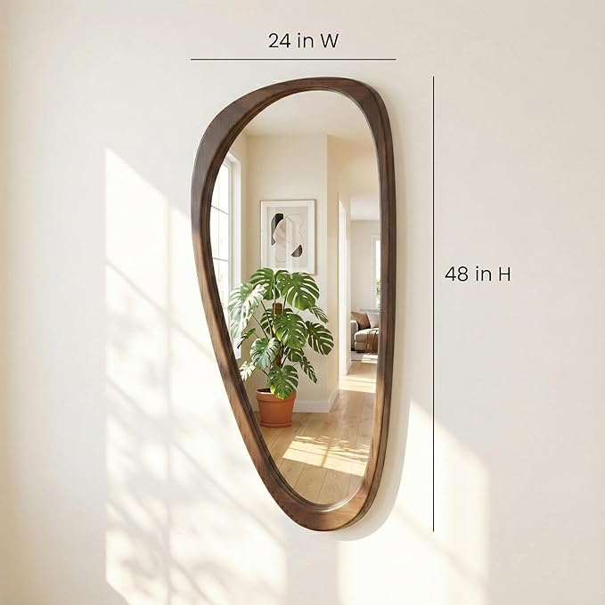 Irregular Asymmetrical Wall Mirror 48"×24" with Solid Wood Frame, Sculptural Mid-Century Modern Decorative Full-Length Wall Mirror for Living Room, Entryway & Bedroom