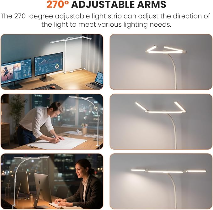 LED Desk Lamp for Office Home, Adjustable 3 Head Computer Monitor Light with Clamp, Eye Caring Clip on Desk Light Stepless Dimming, Auto-off Timer Architect Desk Lamp for Reading Study Workbench White