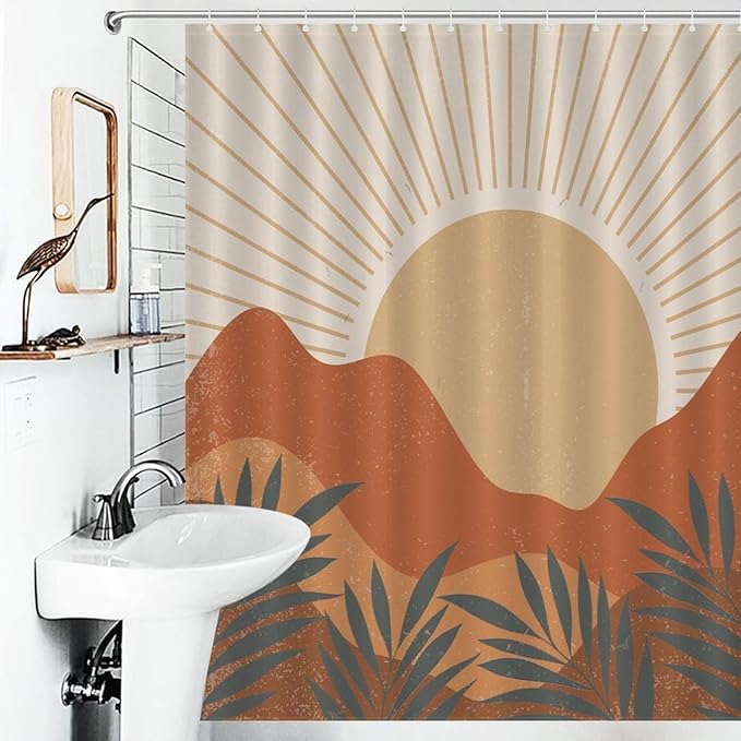 Mid Century Boho Sunset Shower Curtains Vintage Farmhouse Abstract Plant Mountain Sunset Washable Waterproof Fabric for Bathroom Decor Bathtub with 12 Hooks 55x72in（140x183cm）