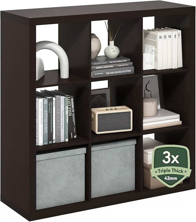 Furinno Cubicle Book Shelf, 9-Cube Bookshelf, Triple Thick Frame Cube Storage Organizer, 1.65" Thick Bookcase, 15.4" x 43.8" x 43.4", for Home Office, Living Room, Black Oak