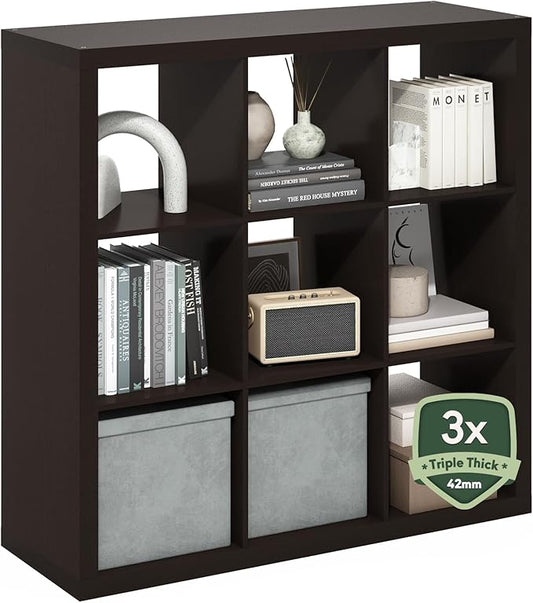 Furinno Cubicle Book Shelf, 9-Cube Bookshelf, Triple Thick Frame Cube Storage Organizer, 1.65" Thick Bookcase, 15.4" x 43.8" x 43.4", for Home Office, Living Room, Black Oak