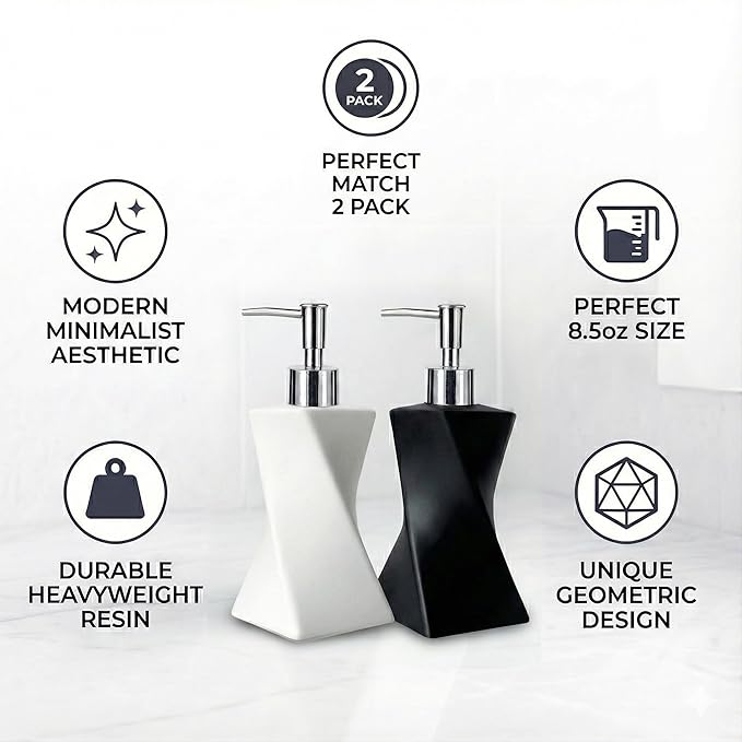 2 Pack Modern White & Black Hand Soap Dispenser Set for Bathroom Countertop, Dish Soap Dispenser for Kitchen, Contemporary Art Style, Rust Proof, 8.5oz
