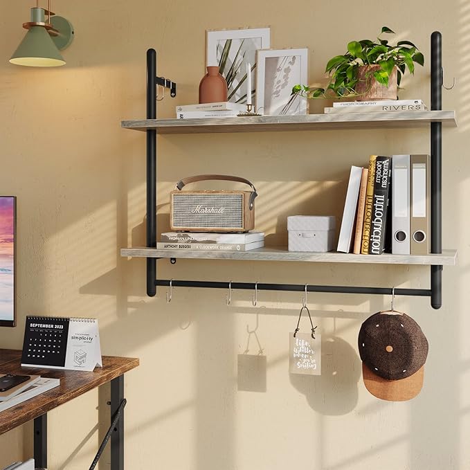 Bestier Pipe Shelf Industrial Floating Shelving 31" Kitchen Wall-Mounted Shelves with 8 Towel Bar Hooks Coffee Bar Shelf Wine Hanging Display Rack Bookshelf Living Room Decor Bathroom-Retro Grey