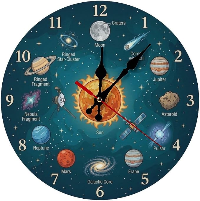 Solar System Galaxy Wooden Wall Clock Silent Non Ticking for Kids Room Decor & Office, 10/12 Inch Round Frameless Battery Operated Home Decor Gift