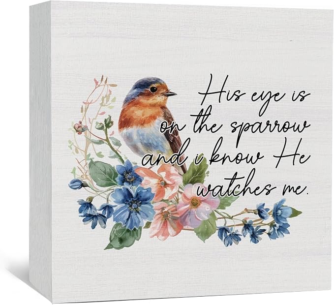 His Eye Is on the Sparrow Birds Decor Sign - Christian Scripture Religious Bird Office Home Shelf Desk Decor,Bible Verse Religious Wooden Box Sign,Christian Bird Gifts For Women