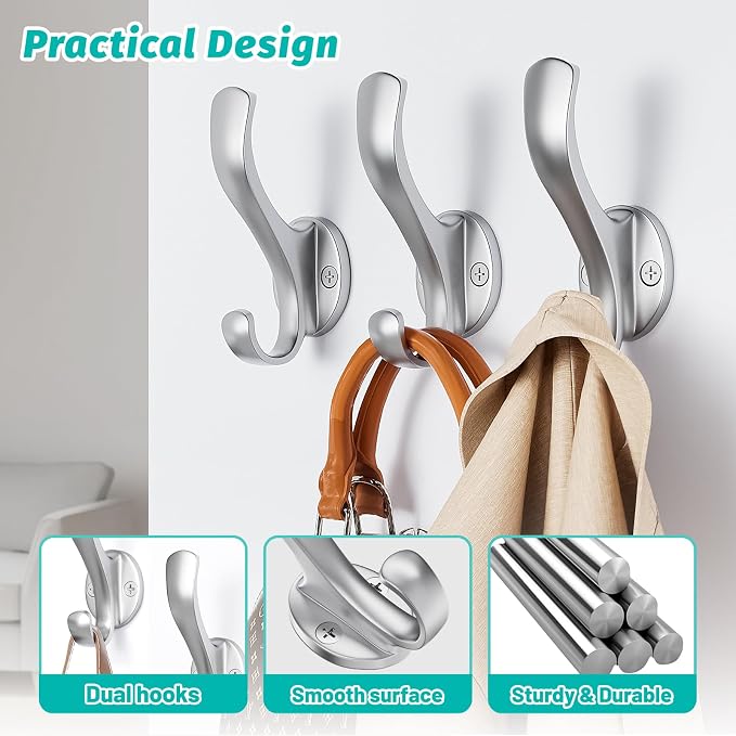 Coat Hooks Heavy Duty - Easy to Install Metal Towel Hooks Fashionable Wall Hooks for Hanging Hat, Towel, Key, Robe, Scarf, Bag, Cap (6 PCS Silver)