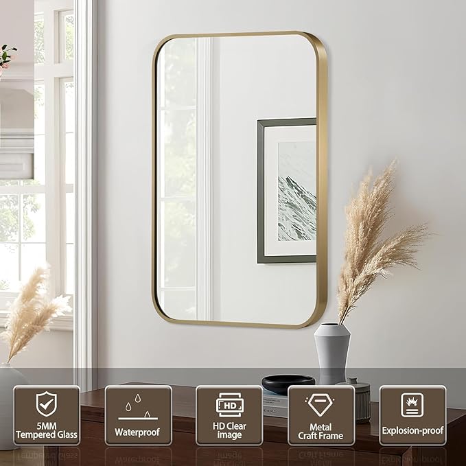 Gold Mirror, 30x36 Inch Gold Rectangle Mirror, Aluminum Alloy Framed Vanity Mirror, Rounded Rectangle Bathroom Mirror for Over Sink, Anti-Rust Wall Mirror (Horizontally or Vertically)