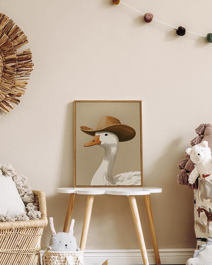 InSimSea Vintage Framed Wall Art, Cowboy Duck Canvas Print, Humorous Fun Art, Animal Oil Painting Wall Decor for Bathroom Bedroom Kitchen 12x16in
