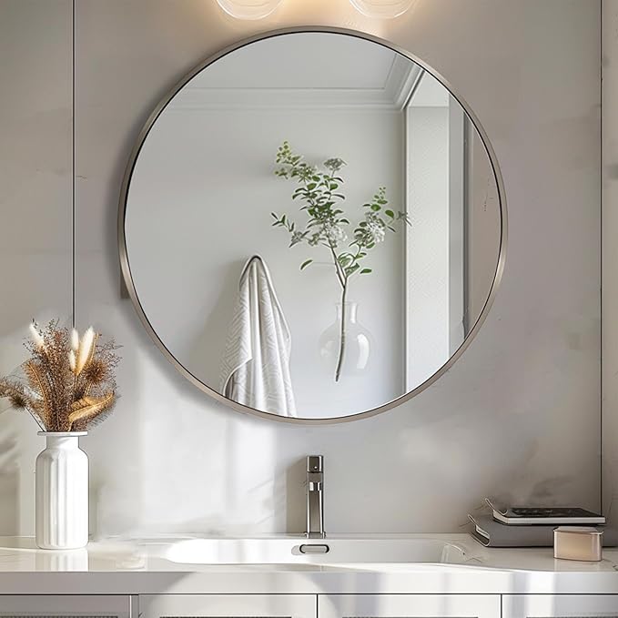 Sunniry Silver Round Mirror 18 inch, Silver Circle Mirror, Circle Bathroom Mirrors Metal Frame, Round Mirrors for Wall, Bathroom, Vanity, Bedroom.