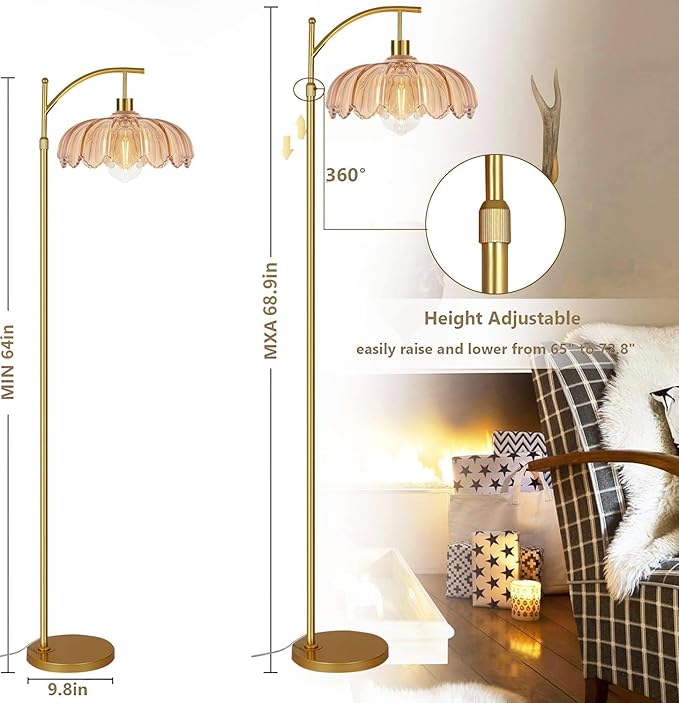 Gold Floor Lamp for Living Room,Bedroom,Mid Century Modern Standing Lamp with Remote,Dimmable Brass Tall Lamp Amber Glass Vintage Retro Arc Floor Lamps Flower Floor Light Boho Bohemian