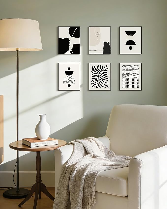 KUVIOKE Black Abstract Framed Wall Art Boho Room Decor Set of 6 Minimalist Geometric Line Art Bohemian Mid Century Modern Prints for Bedroom Living Room 8x10in (Black Framed)