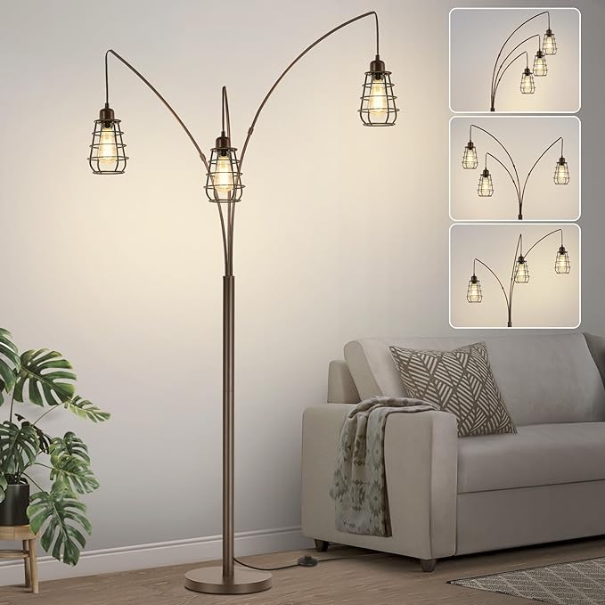 Industrial Floor Lamp, 3 Light Arc Floor Lamps for Living Room, 76 Inch Tall Standing Lamp with Metal Cage Shades & Foot Switch, Vintage Floor Lamp for Bedroom, Office, Corner, Bronze