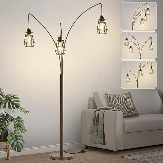 Industrial Floor Lamp, 3 Light Arc Floor Lamps for Living Room, 76 Inch Tall Standing Lamp with Metal Cage Shades & Foot Switch, Vintage Floor Lamp for Bedroom, Office, Corner, Bronze