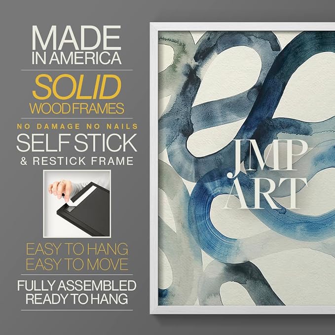 Renditions Gallery Set of 2 Peel & Stick Framed Prints, Watercolor Abstract Wall Art, Aquatic Water and Sand Strokes Wall Decor, Re-Stickable - Ready to Hang - 11"x14" - White Frame LT588