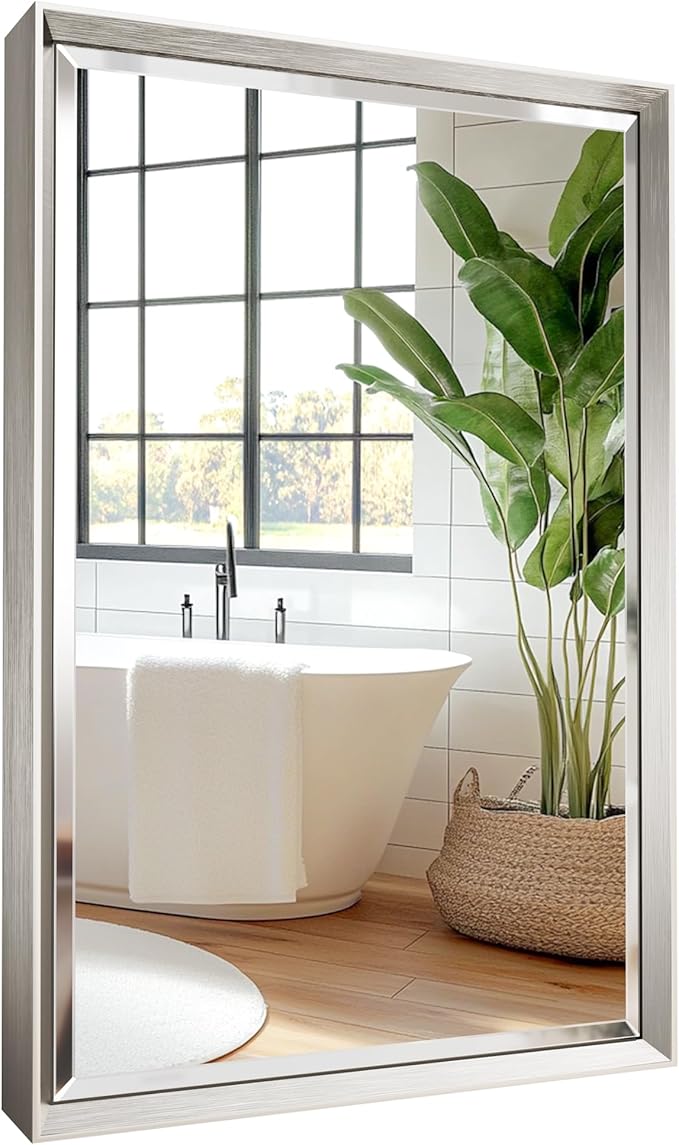 Silver Bathroom Mirror, 16''x 24'' Beveled Bathroom Mirror for Wall, Rustproof Rectangle Silver Framed Mirror for Bathroom Vanity, Vertical/Horizontal Easy Installation