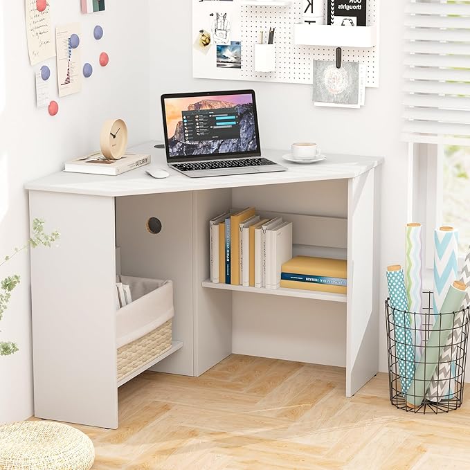 LDAILY Corner Desk, Space Saving 90 Degree Triangle Computer Desk with Storage Shelves & Cable Holes, Wood Compact Corner Writing Table for Small Spaces, Home Office, Bedroom & Living Room, White
