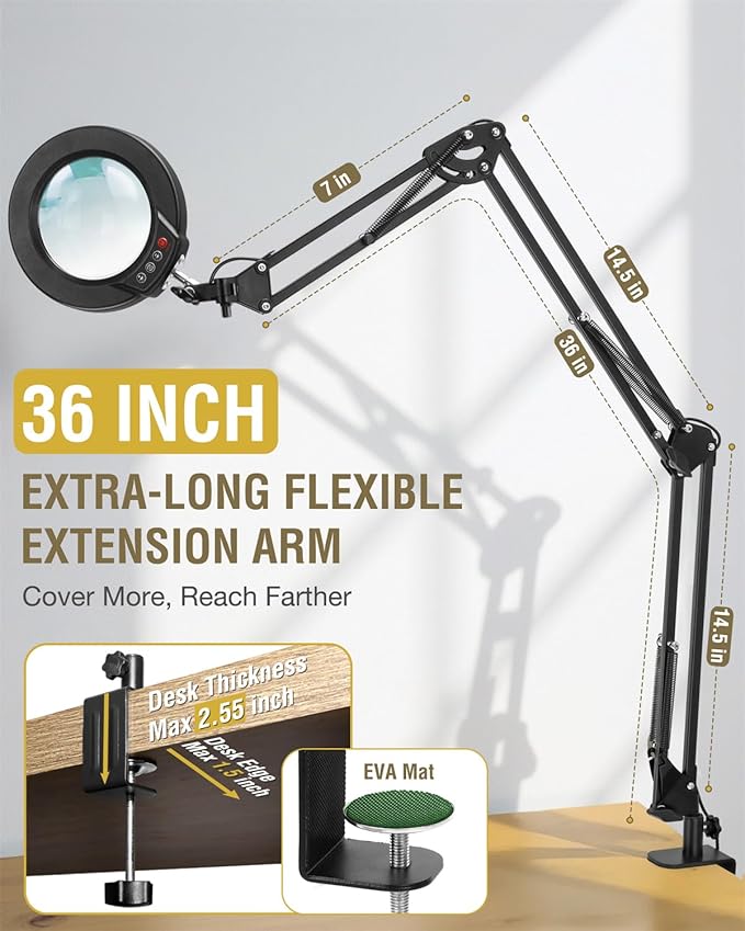 10X Magnifying Glass with Light and Clamp, Ultra Long 3 Section Swing Arm LED Desk Lamp, Real Glass Lens, 5 Color Modes Dimmable, Hands Free Lighted Magnifier with Stand for Repair Craft Close Work