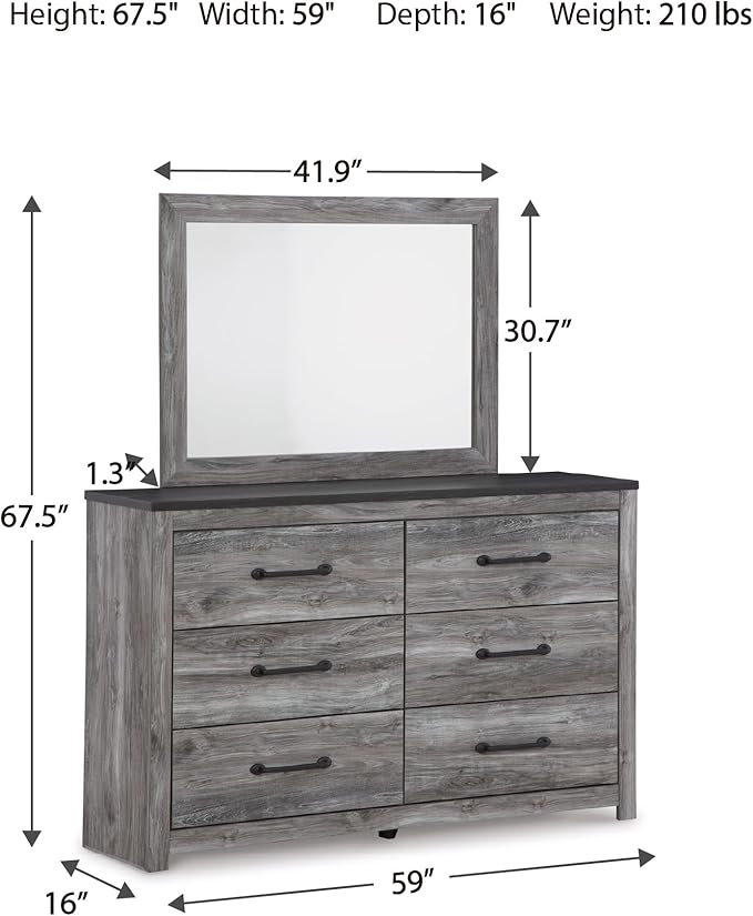 Signature Design by Ashley Bronyan Contemporary Smooth-Gliding 6-Drawer Dresser and Mirror with Safety Stop, Gray