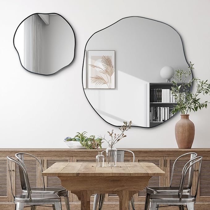 POZINO Scalloped Irregular Mirror, 30" Asymmetrical Decorative Accent Mirror for Wall, Black Wavy Rounded Frameless Mirrors for Entryway Fireplace Living Room Bedroom, Horizontal or Vertical Hanging