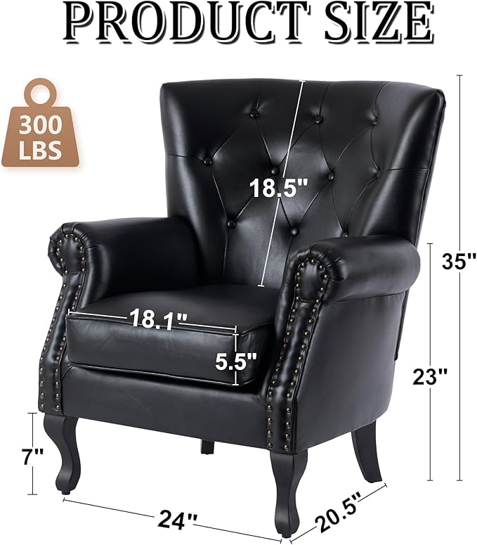 Modern Faux Leather Accent Chair, Upholstered Mid-Century Armchair with Solid Wood Legs, Single Sofa Chair for Living Room, Bedroom, or Reading Room（Black）