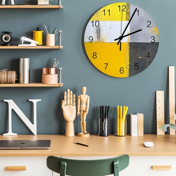 Abstract Style Wall Clock Battery Operated Non-Ticking 12" Round Wood Clocks, Yellow Gary Color Block Oil Painting Kitchen Wall Clock for School Bathroom Living Room Home Office Wall Decor