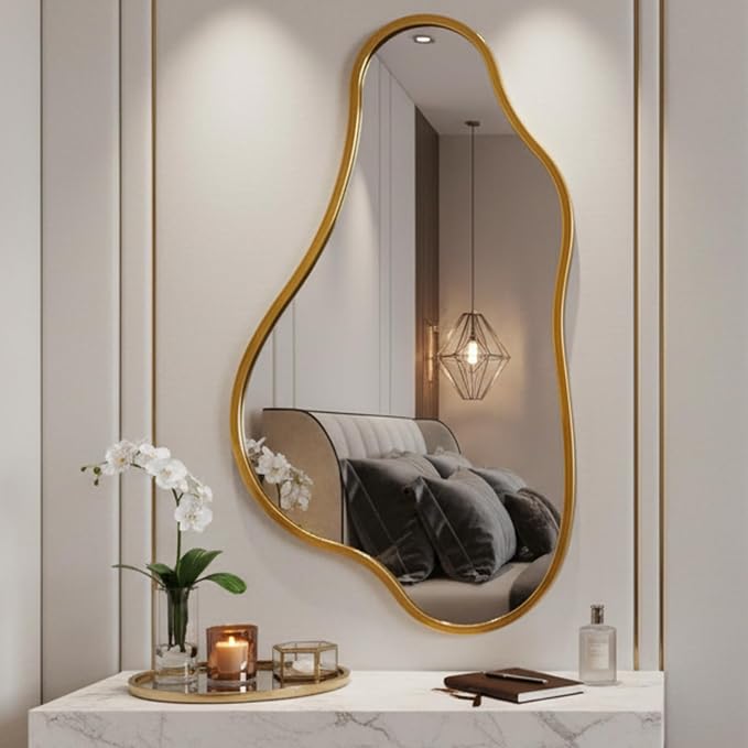 ZIYOO 32x18 Inch Irregular Wall Mirror, Vertical Wavy Design, Gold Asymmetrical Metal Frame Decorative Mirror for Living Room, Bedroom, Entryway, Hallway (Gold Metal,32" x 18")