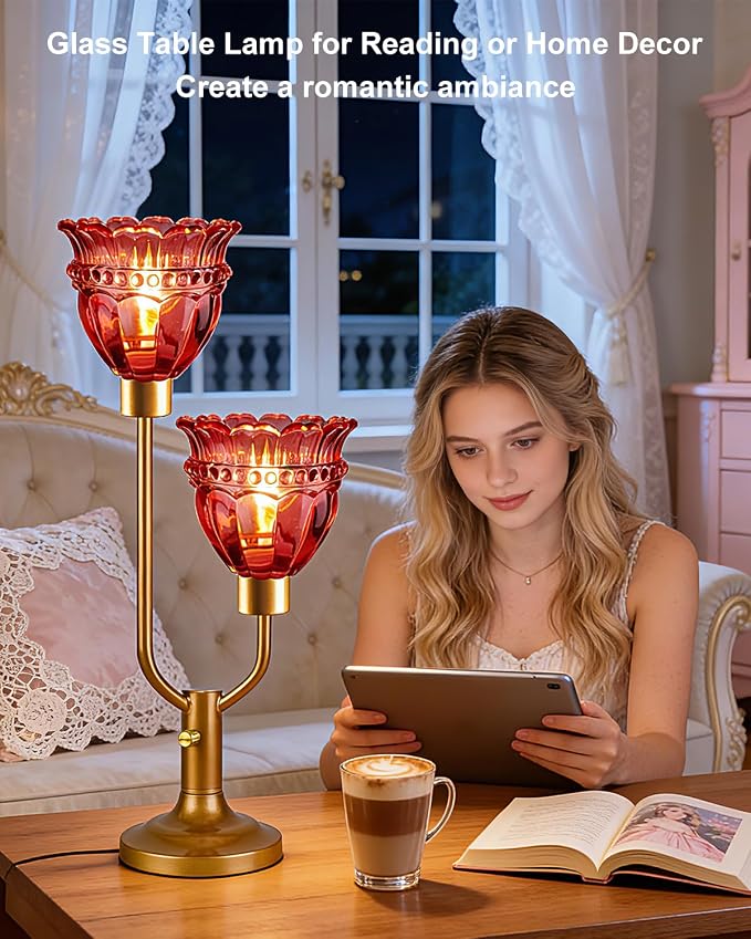 Lightdot Mid Century Modern Table Lamp Dimmable Vintage Gold Desk Lamp Red Glass Nightstand Lamp 2 Bulbs Included Warmwhite Ambient Bedside Lamps for Living Room Bedroom Girls Room Home Office Decor
