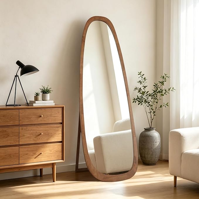 WallBeyond 22x65 Inch Irregular Pebble Full Length Mirror with Stand, Tempered Glass Floor Mirror with Wooden Frame,for Bedroom, Living Room, Cloakroom(Walnut)