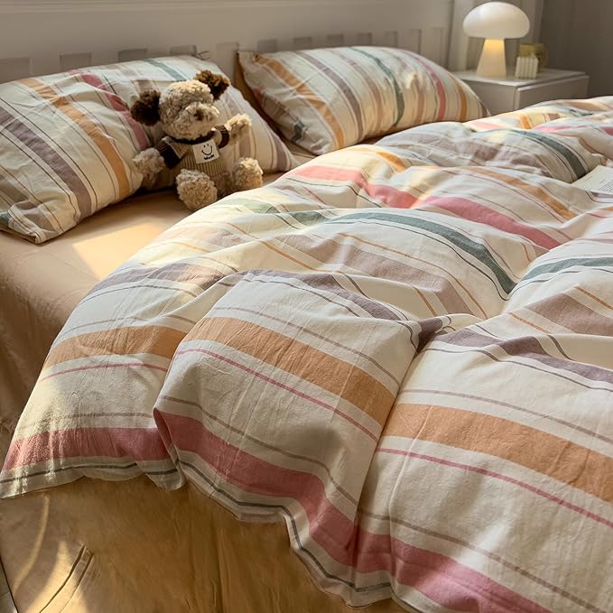 mixinni Vintage Striped Duvet Cover Set Twin Size, 3-Piece 100% Washed Cotton Bedding Set - Soft & Breathable Colorful Comforter Cover with Zipper, All-Season Lightweight Bed Set for Cozy Home
