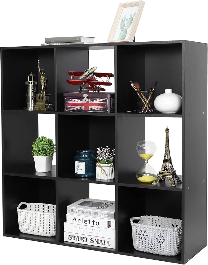 SUPER DEAL 9 Cube Open Shelf Bookcase 3 Tier Bookshelf Wood Cabinet Storage Organizer Display Shelves with 5 Removable Back Panels for Home, Office, Bedroom, Living Room, Black