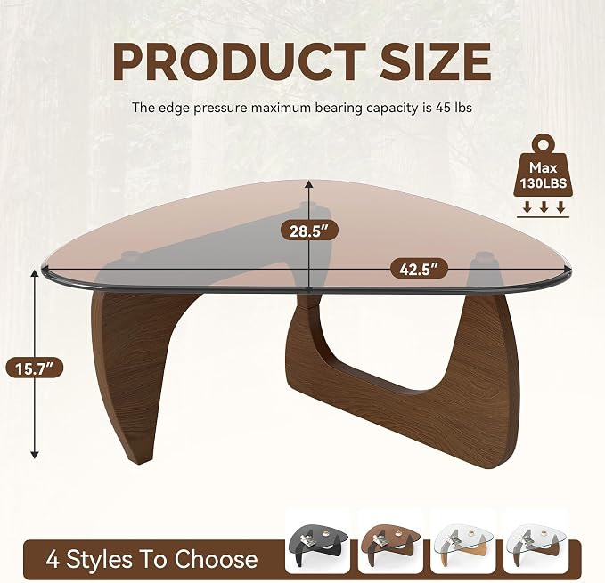 Modern Glass Coffee Table, Triangle Center Table with Tempered Glass Top& Unique Wooden Base, 42.5” Mid Century Tea Tables for Living Room, Apartment, Office,Walnut & Brown