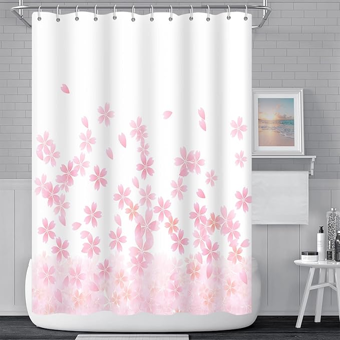 Pink Floral Bathroom Shower Curtain Cherry Blossom Dreamy Flowers Petal Shower with Hooks Polyester Waterproof Fabric Girly Home Decorative Bathtub, 60x72 Inch