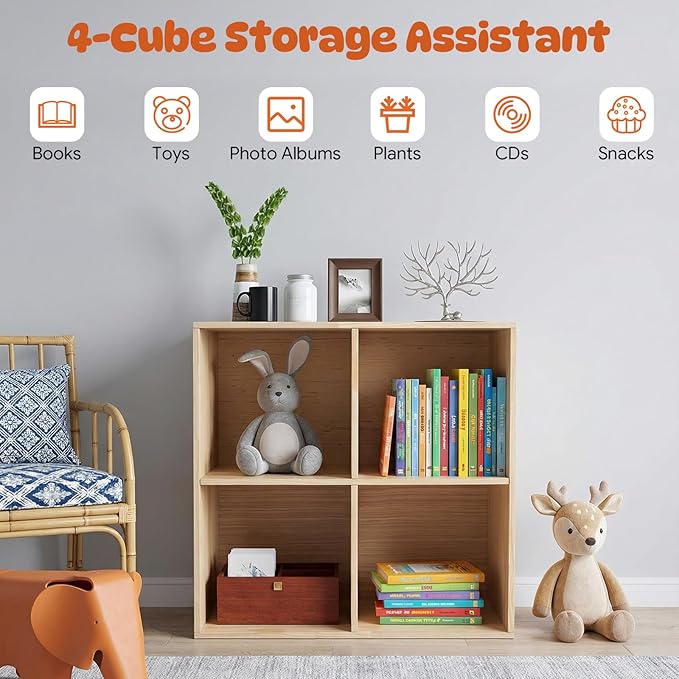 4 Cube Storage Shelf, 2-Tier Solid Wood Cube Storage Organizer, Vertical or Horizontal Floor Standing Open Bookcase for Bedroom, Study, Bookstore & Office