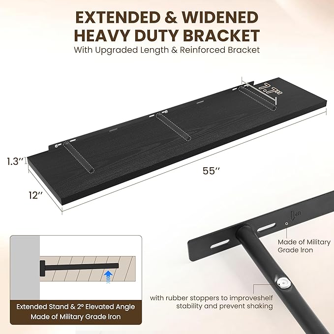 Dreamland 55" Floating Shelves for Wall, 12" Deep Slim Black Floating Shelves, Wall-Mounted Shelves for Bedroom, Living Room, Kitchen, Bathroom - Set of 2