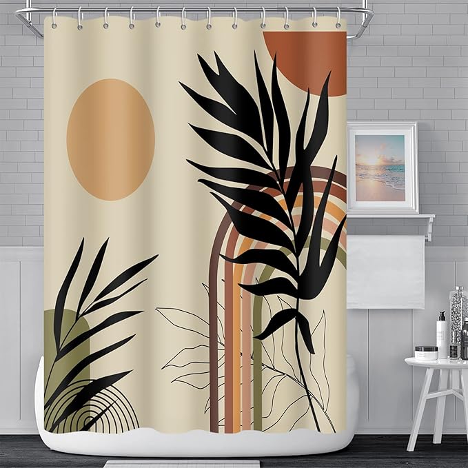 Abstract Mid Century Bohemian Bathroom Shower Curtain Eucalyptus Leaves Colorful Arch Sun Shower Curtain with Hooks Waterproof Fabric Polyester Shower Curtain Art Home Decor, 72x84 Inch