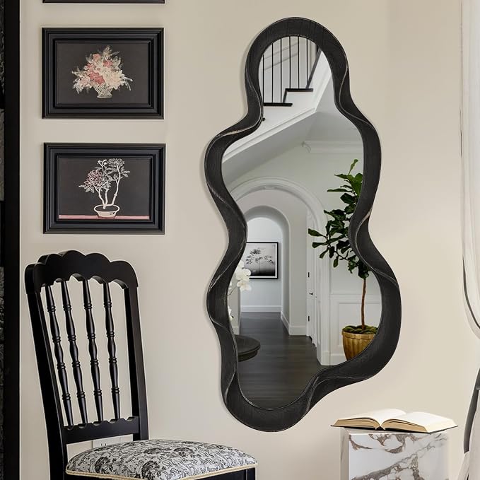 Asymmetrical Irregular Wall Mirror Modern Wooden Frame Mirrors Modern and Stylish Cloud Wavy Mirrors Decorative for Cloakroom Bedroom Living Room Bathroom Entryway 47" x 22"