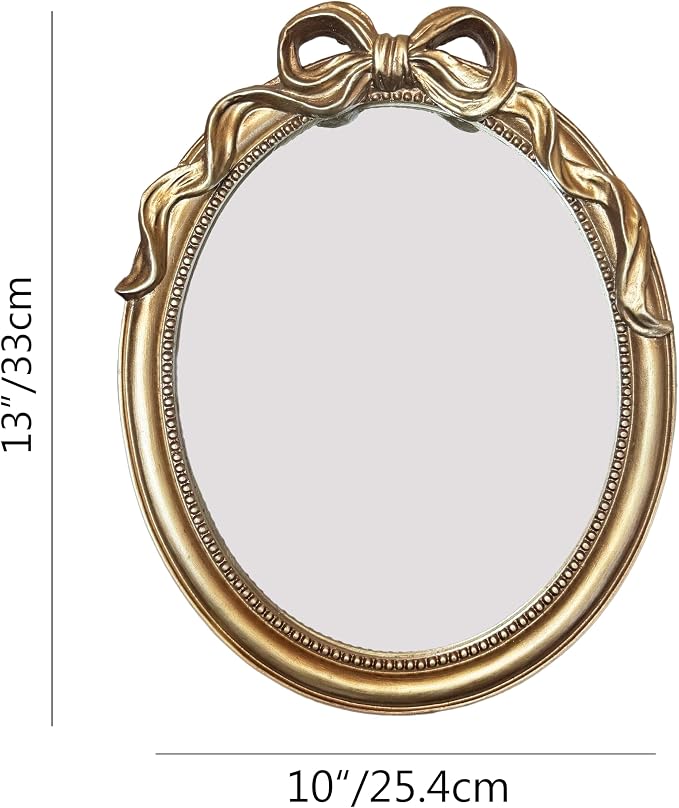 Vintage Vanity Desk Mirror - 13x10 Inch Wall-Mounted & Tabletop Decorative Ornate Champagne Gold Accent Retro Makeup Mirror for Bedroom Dresser Bathroom Living Room Dorm Oval